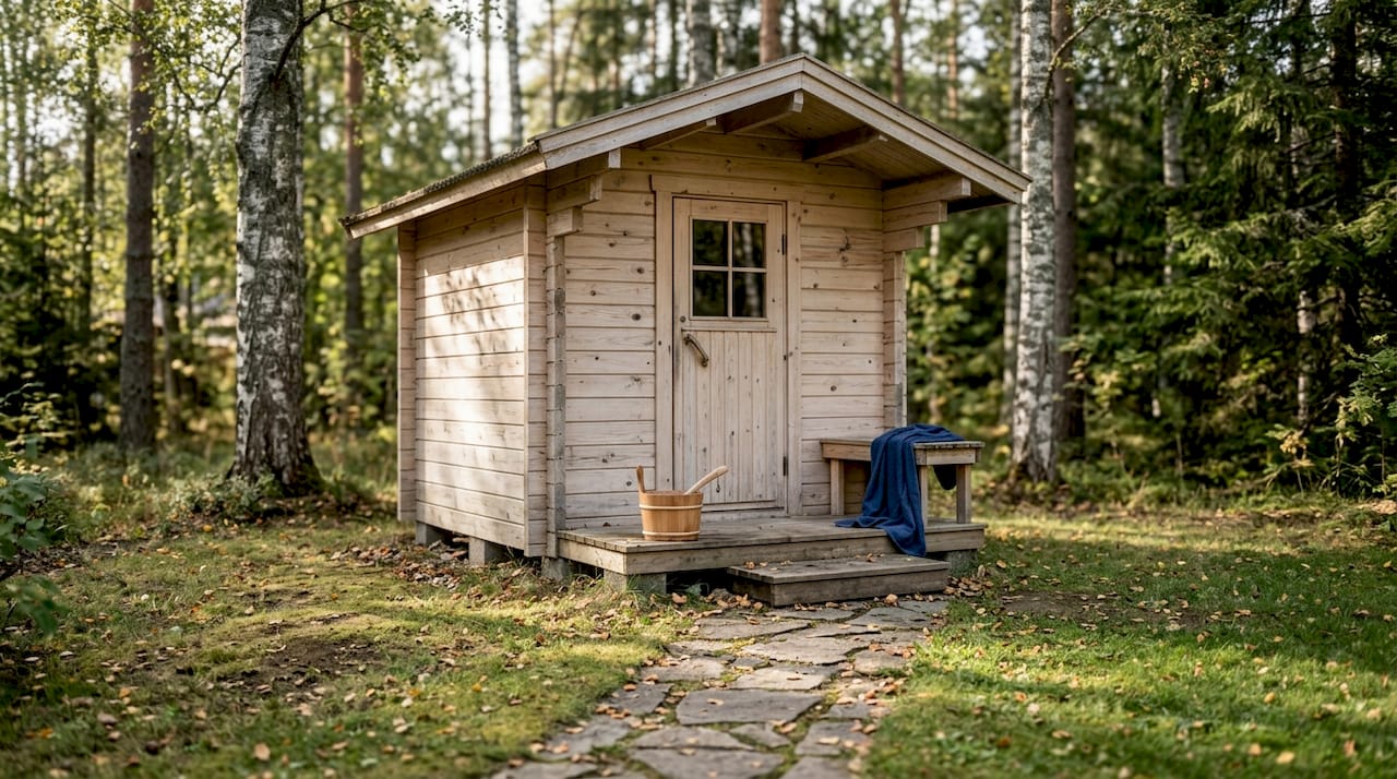 Traditional outdoor Finnish sauna nestled in birch trees