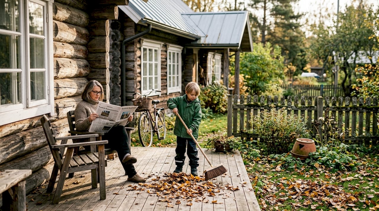 Eine Familie genießt den Herbst vor einem typisch finnischen Holzhaus.