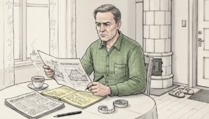 Mies tutkii talon piirustuksia ruokapöydän ääressä.