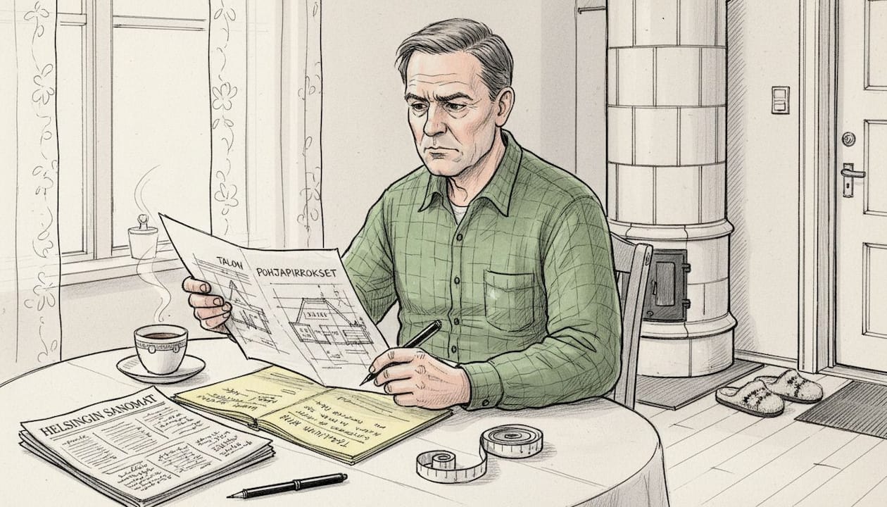 Mies tutkii talon piirustuksia ruokapöydän ääressä.