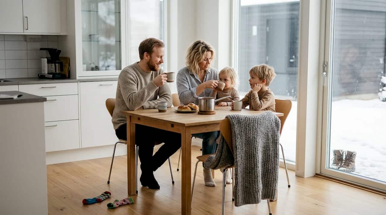 Hela familjen njuter av att umgås i ett modernt och energismart kök