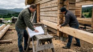 Snekkere setter opp reisverket til hytteveggen