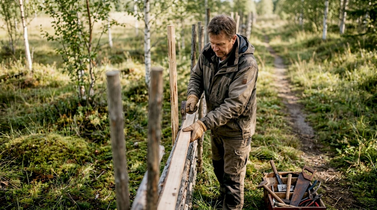 Ein Handwerker montiert einen Holzzaun im skandinavischen Stil.