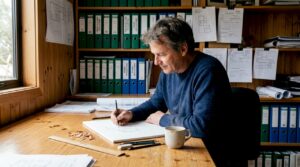 Architect drafting log permit plans in Finland