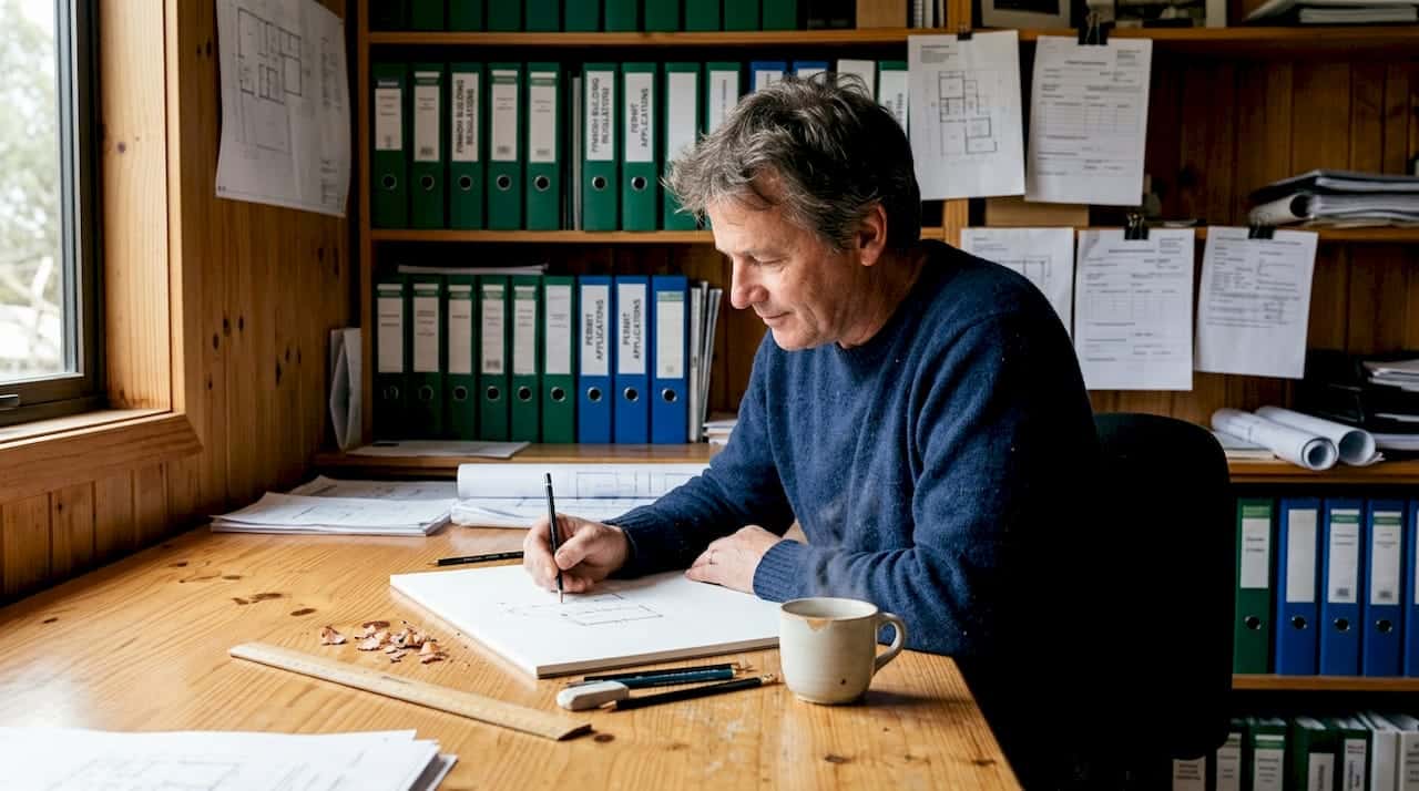 Architect drafting log permit plans in Finland