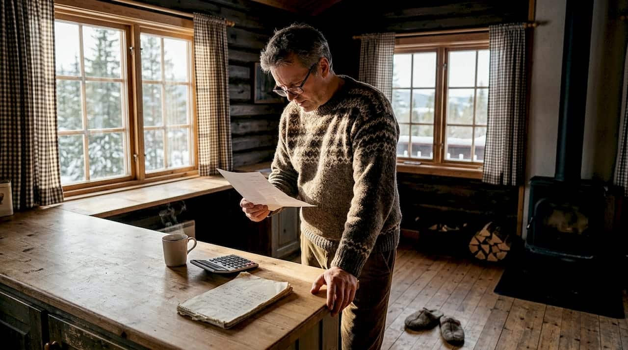 Mann vurderer energistandard på hytta i skogen