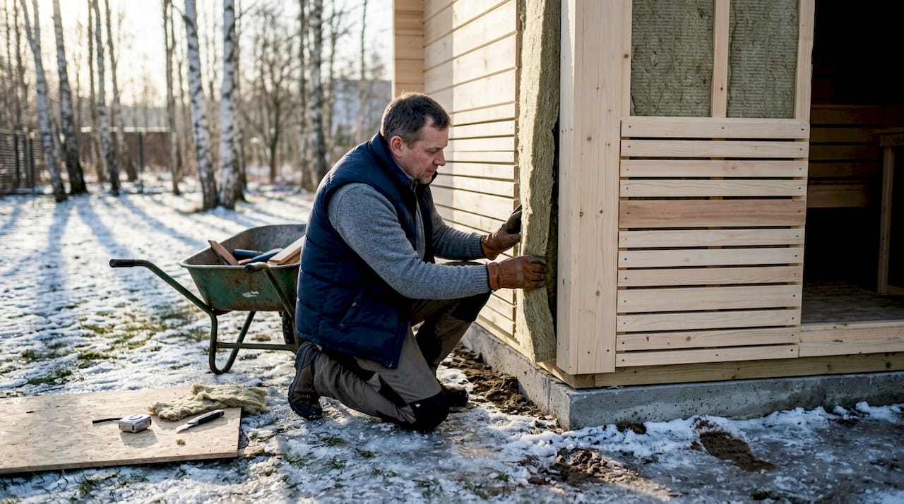 Ein Hausbesitzer dämmt im Winter die Außenwände seines Saunahauses.