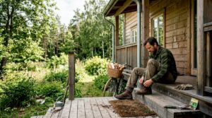 En person sitter ute på en nybyggd altan vid sitt moderna trähus.
