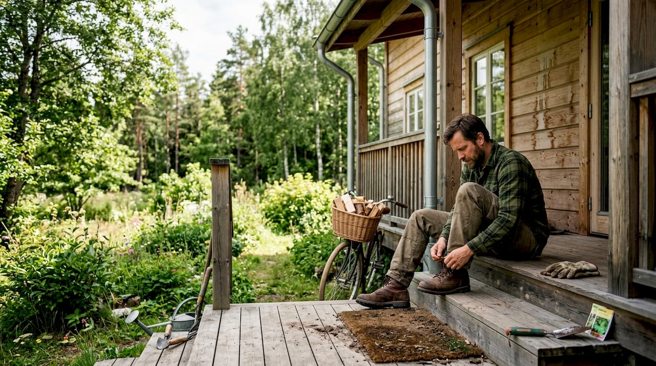 En person sitter ute på en nybyggd altan vid sitt moderna trähus.