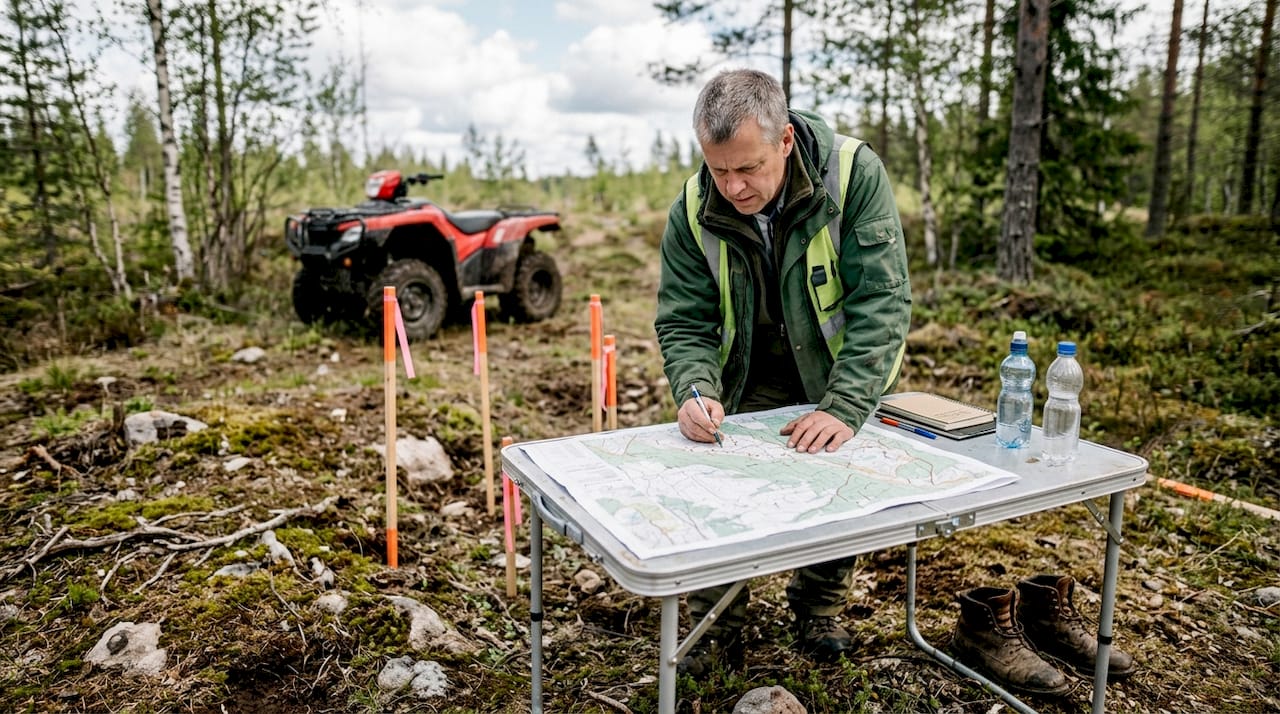 Surveyor reviewing building site in Finnish field