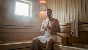 En mann nyter en rolig stund på benken inne i en tradisjonell badstue.