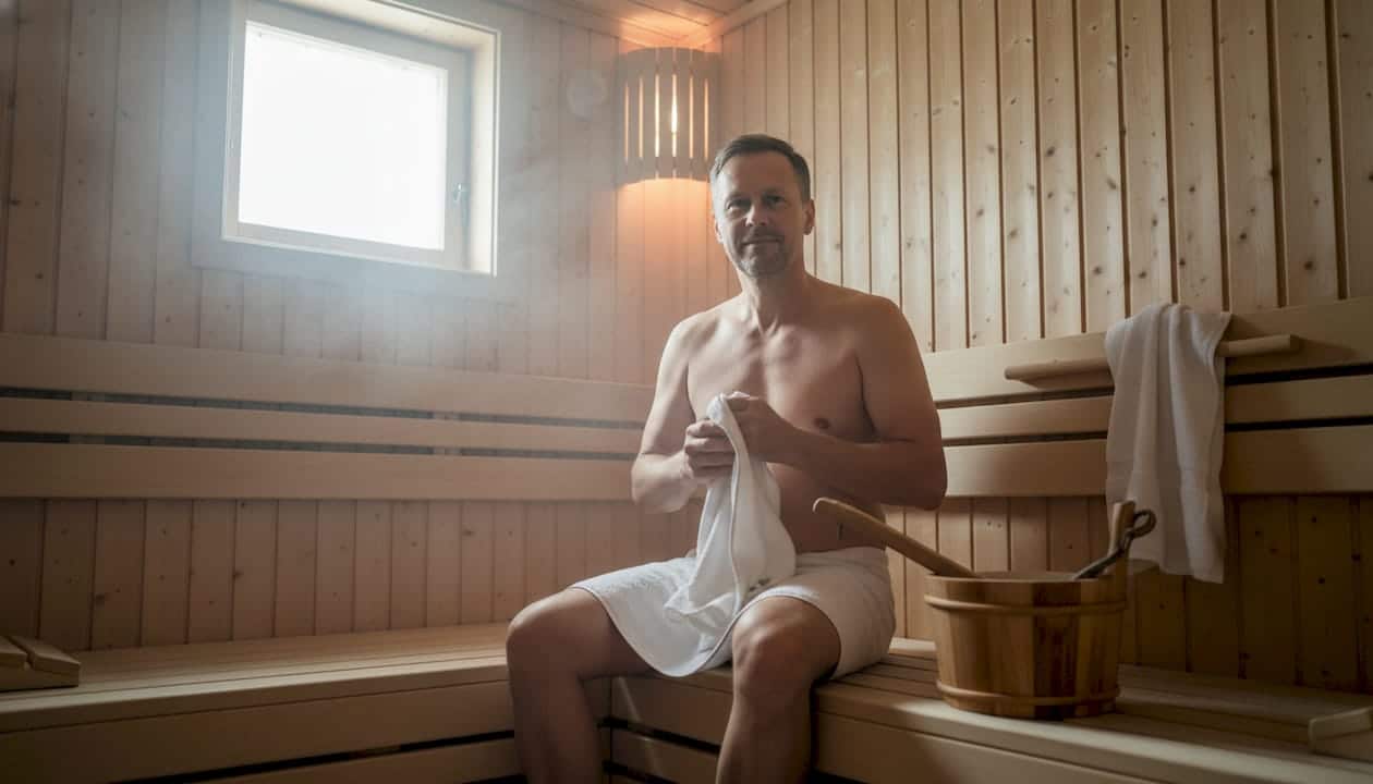 En mann nyter en rolig stund på benken inne i en tradisjonell badstue.