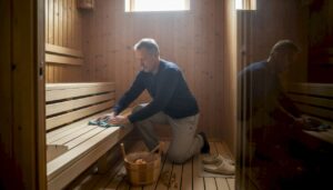 Ein Mann reinigt die Holzbank in seiner heimischen Sauna.