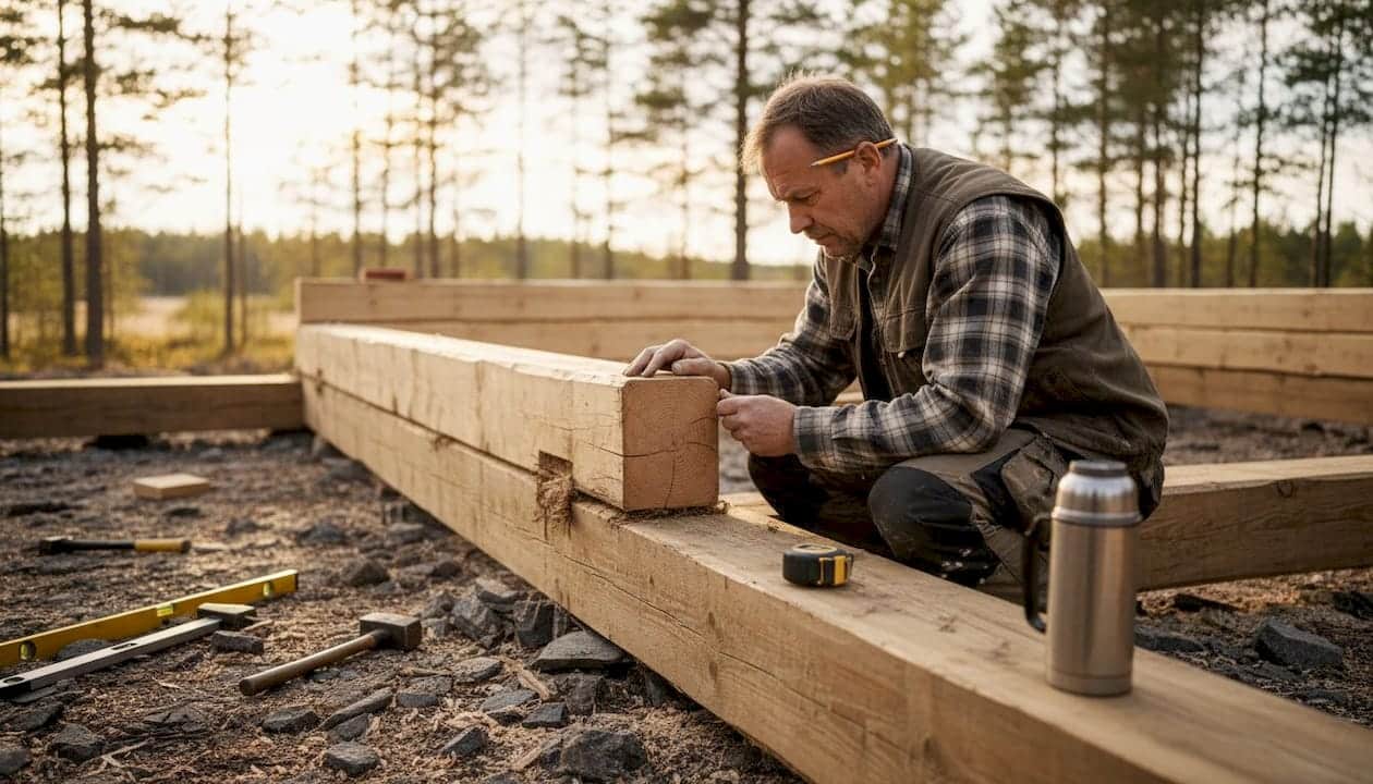 En byggmästare granskar grunden till ett timmerhus utomhus.