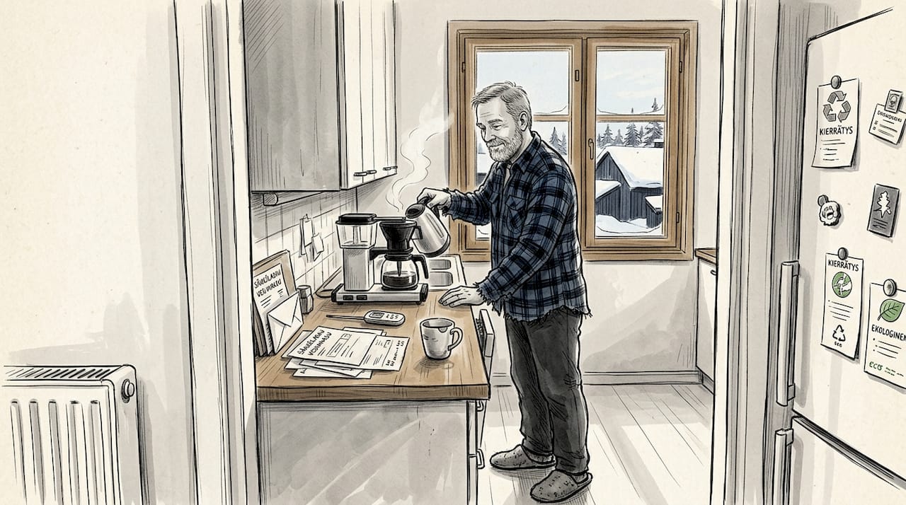 Mies modernissa keittiössä, jossa panostetaan energiatehokkuuteen.