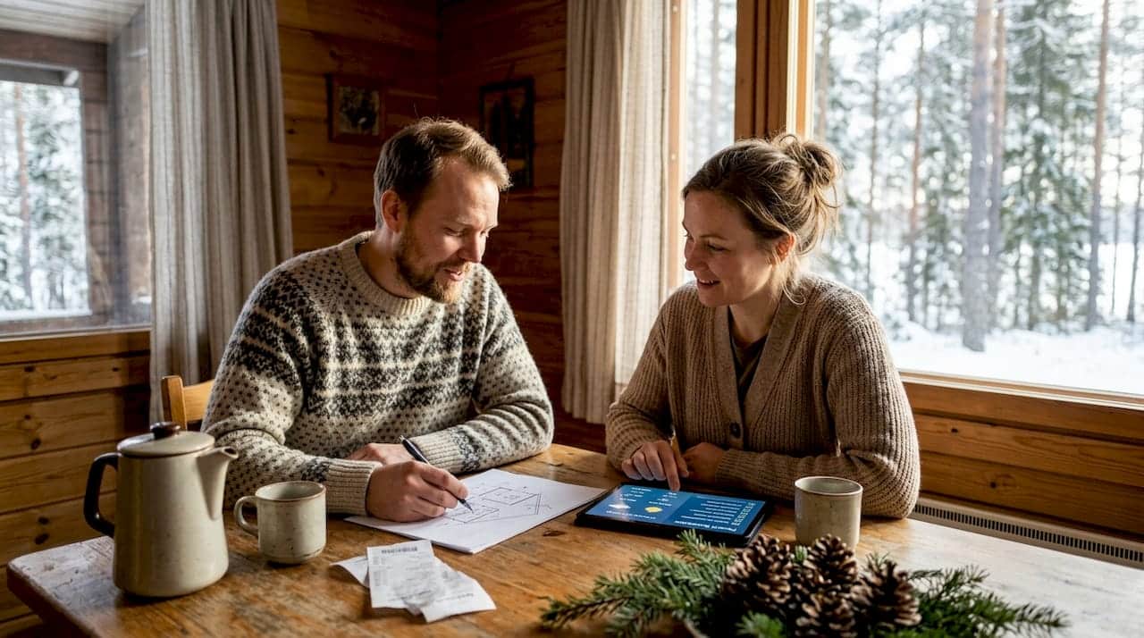 Couple planning Finland vacation home at table