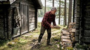 En mann stabler ved utenfor en tradisjonell badstue i tømmer.