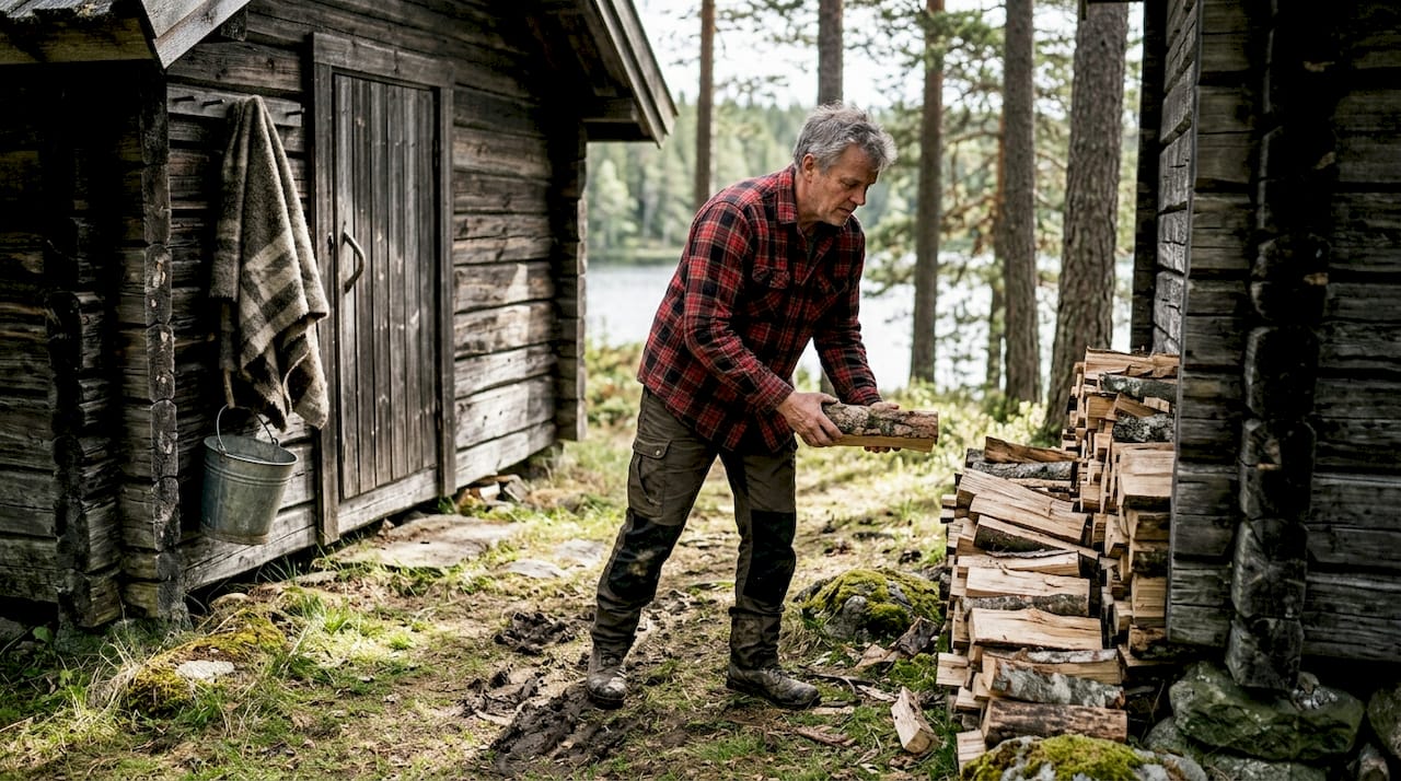 En mann stabler ved utenfor en tradisjonell badstue i tømmer.