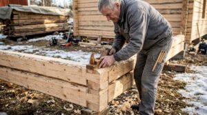 En snickare håller på att sätta ihop timmerstockar utomhus.