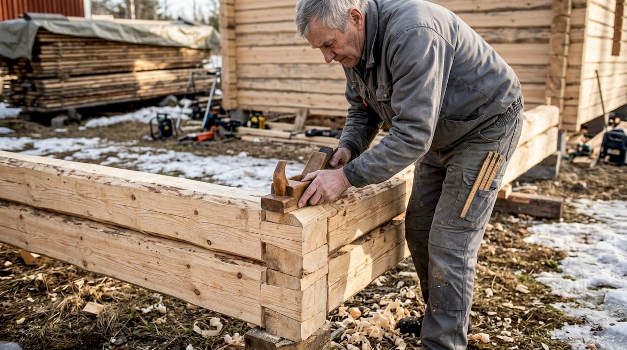 En snickare håller på att sätta ihop timmerstockar utomhus.