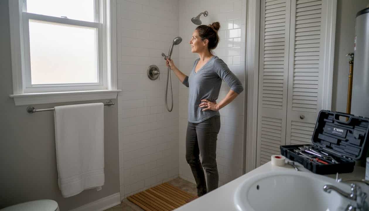 Contractor examining sauna blueprints at worksite