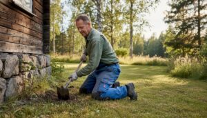Man kontrollerar dräneringen runt husgrunden