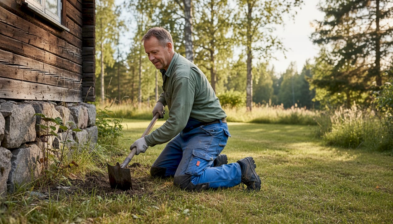 Man kontrollerar dräneringen runt husgrunden