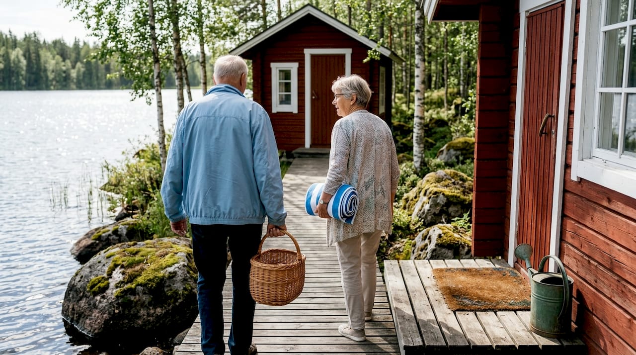 Gemütliches Blockhaus im finnischen Stil direkt am See, umgeben von Menschen, die die Natur genießen.