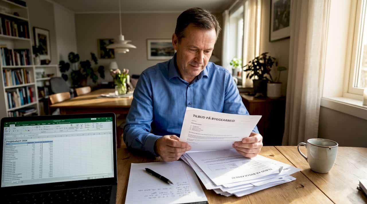 En mann ser nøye gjennom tilbudsdokumentene for byggeprosjektet for å forsikre seg om at alt er tydelig og oversiktlig.