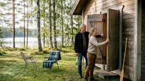 Ein Paar bezieht ihr frisch renoviertes Holzhaus am See und öffnet voller Vorfreude die Tür zu ihrem neuen Zuhause.