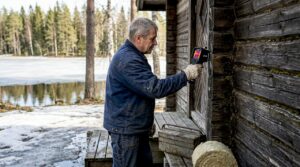 Carpenter inspecting Finnish log sauna exterior wall