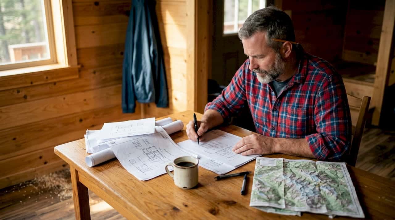 En mann sitter ved bordet i hytta og ser nøye gjennom plantegningene for hytta.