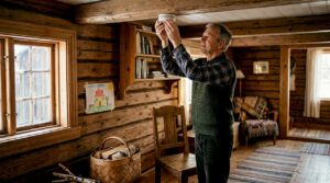 Man provar brandvarnaren i vardagsrummet i timmerhuset.