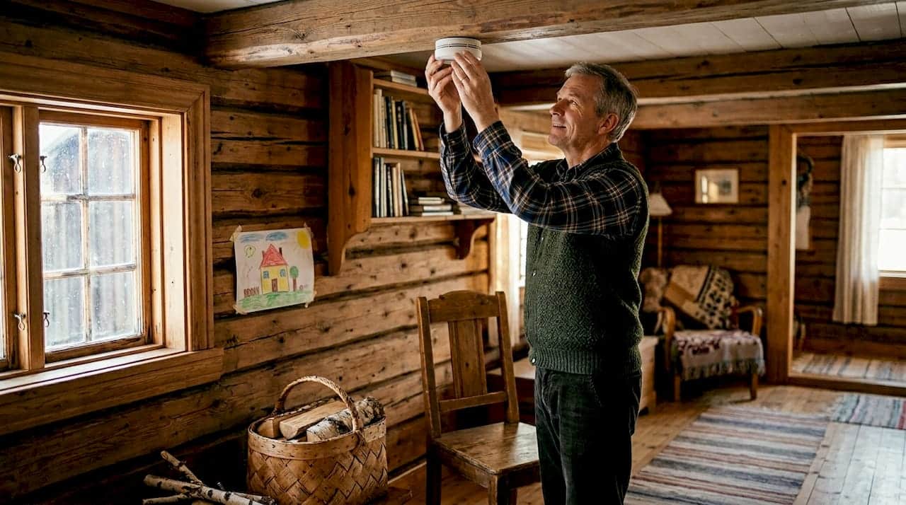 Man provar brandvarnaren i vardagsrummet i timmerhuset.