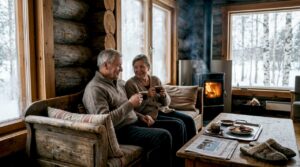 Ein finnisches Paar genießt die gemütliche Atmosphäre ihres Blockhauses im verschneiten Winter.
