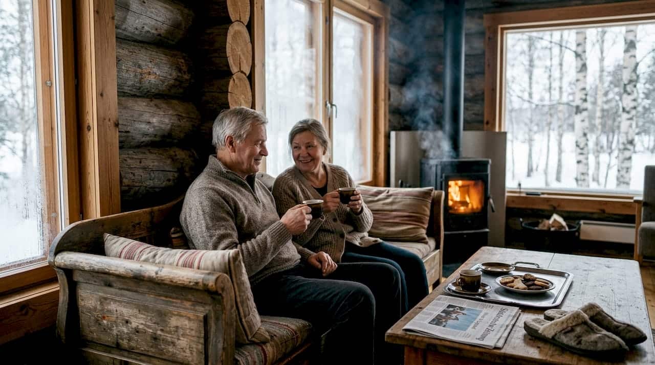 Ein finnisches Paar genießt die gemütliche Atmosphäre ihres Blockhauses im verschneiten Winter.