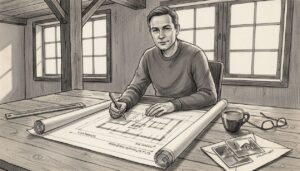 Arkkitehti perehtyy piirustuksiin valoisassa työtilassa.