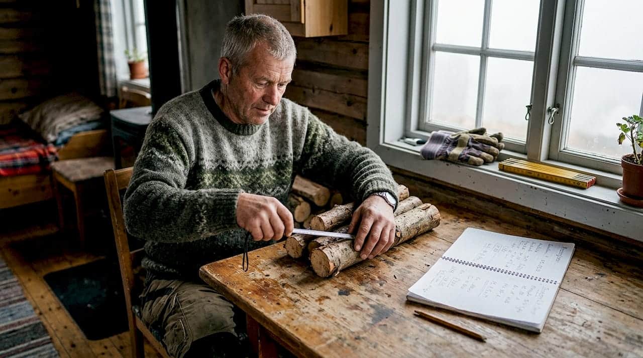 En mann står i en enkel hytte og måler opp tømmer.