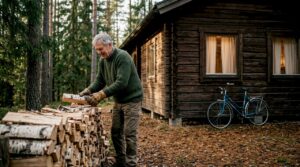 Någon travar upp ved utanför en timmerstuga mitt ute i skogen.