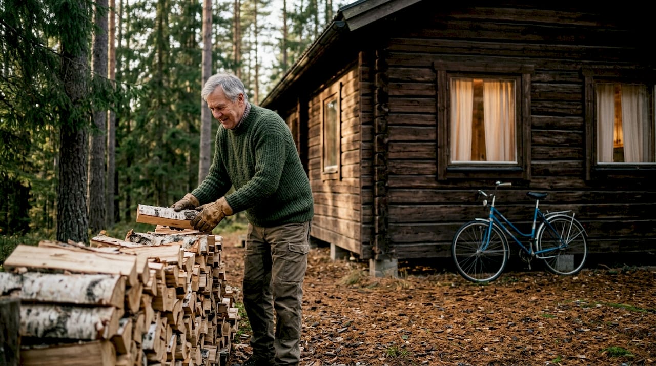 Någon travar upp ved utanför en timmerstuga mitt ute i skogen.