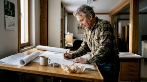 Ein Architekt entwirft am Schreibtisch ein Holzhaus im finnischen Stil.
