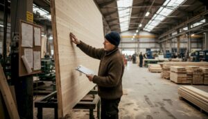 Worker inspects prefab timber wall in factory