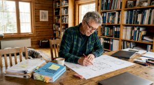 Architect reviewing log house planning workflow