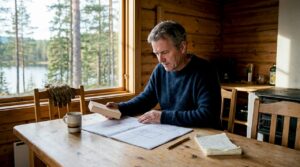 Mann sitter ved hyttebordet og legger planer for nytt lafteprosjekt.