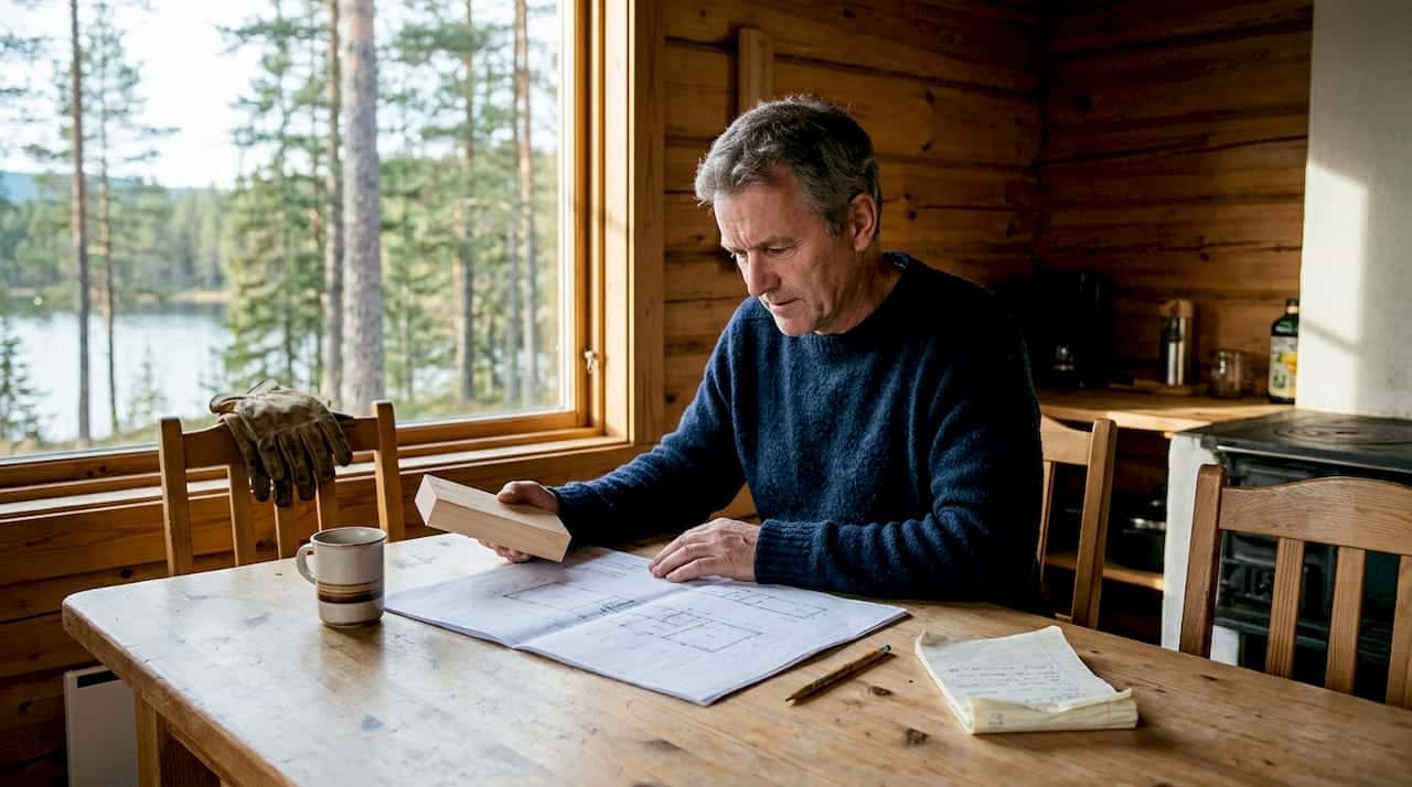 Mann sitter ved hyttebordet og legger planer for nytt lafteprosjekt.