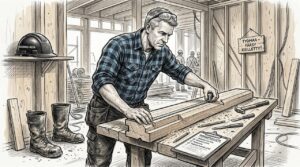 Rakennusmestari varmistaa hirsien profiilin sopivuuden paikan päällä työmaalla.