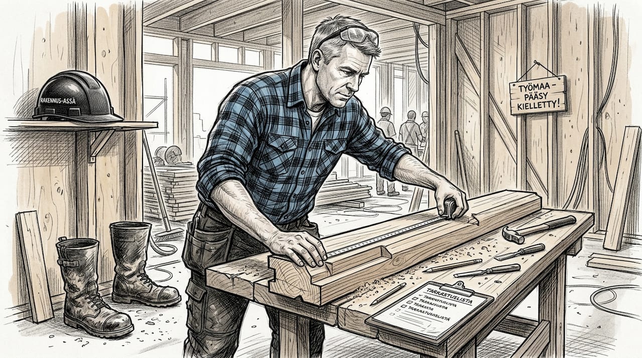 Rakennusmestari varmistaa hirsien profiilin sopivuuden paikan päällä työmaalla.