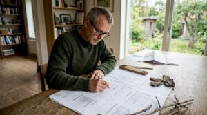 En person sitter vid arbetsbordet och går noggrant igenom ritningarna till ett timmerhus.