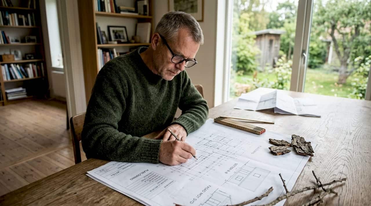 En person sitter vid arbetsbordet och går noggrant igenom ritningarna till ett timmerhus.