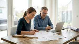 Zwei Menschen sitzen gemeinsam am Tisch und gehen Baupläne für ein Blockhaus durch.